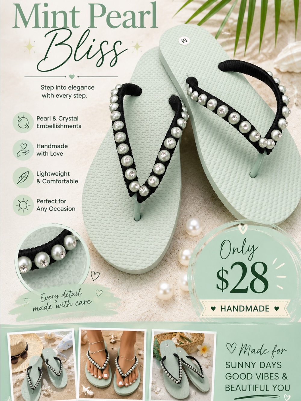 🩷. S-03. Mint Pearl Bliss Women's Flip Flops - Handmade Mint with Black Straps